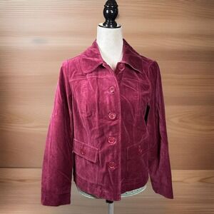 Vintage Y2K ‎ Velour Velvet Jacket 6 Red Burgundy Buttons Trucker Blazer Pockets